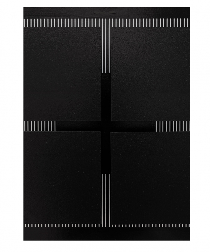 (Detail of Croix et carr&amp;eacute;,&amp;nbsp;1974)

This structure is composed by a panel upon which four black squares are erected, placed in a way that blocks a fifth black square beneath, creating the shape of a cross when the composition is looked at from the front. The symmetry of these forms creates an interplay with the white grid of the background; the vibration it provokes when spectators begin to move results in the instability of the squares and therefore also of the cross. Perception reconstructs the composition time and again, despite the very solidity or fixity that the black blocks of color suggest at first.

&amp;nbsp;