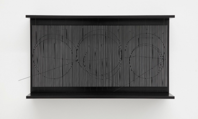 Jes&amp;uacute;s Rafael Soto

Trois Cercles, 1996

Paint on wood, metal and nylon.

40h x 70w x 15d cm

15 95/127h x 27 71/127w x 5 115/127d in

Unique